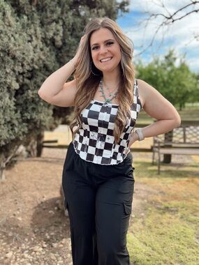 Checkered Bucking Bronc Black and White Crop Tank Top - Women's Summer Staple